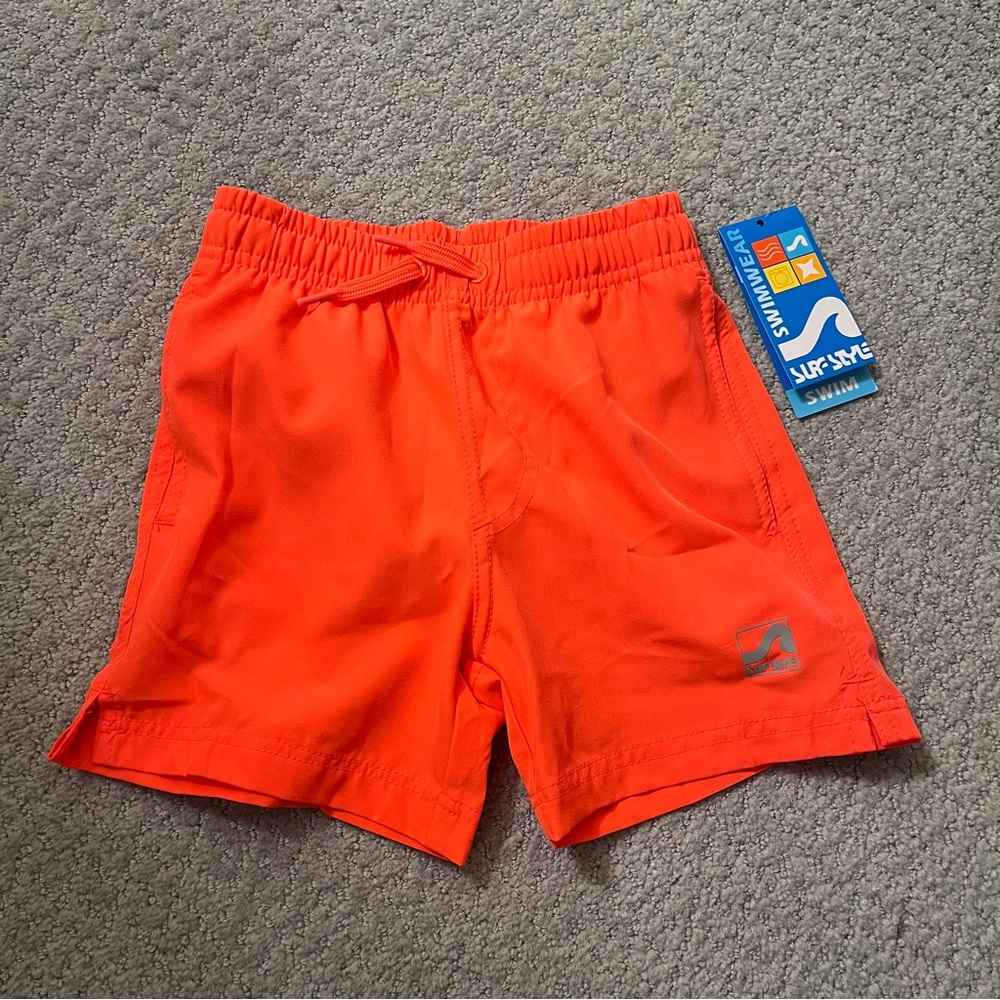 Surf Style Neon Orange Boys Swim Trunks with Mesh Lining